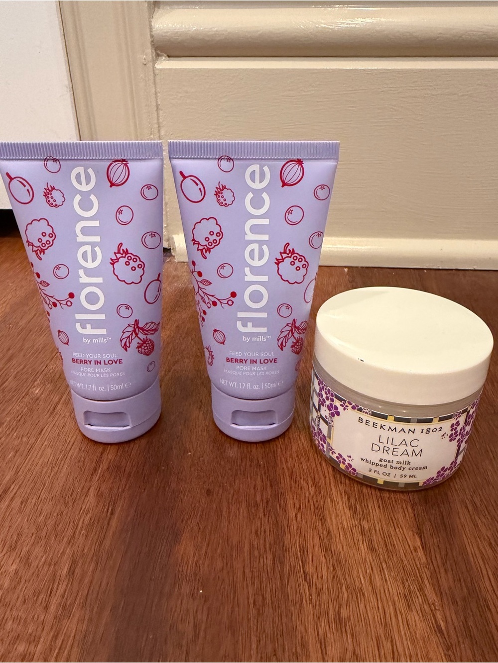 Florence by Mills Berry in Love Face Mask + Beekman 1802 Lilac Dream Body Cream